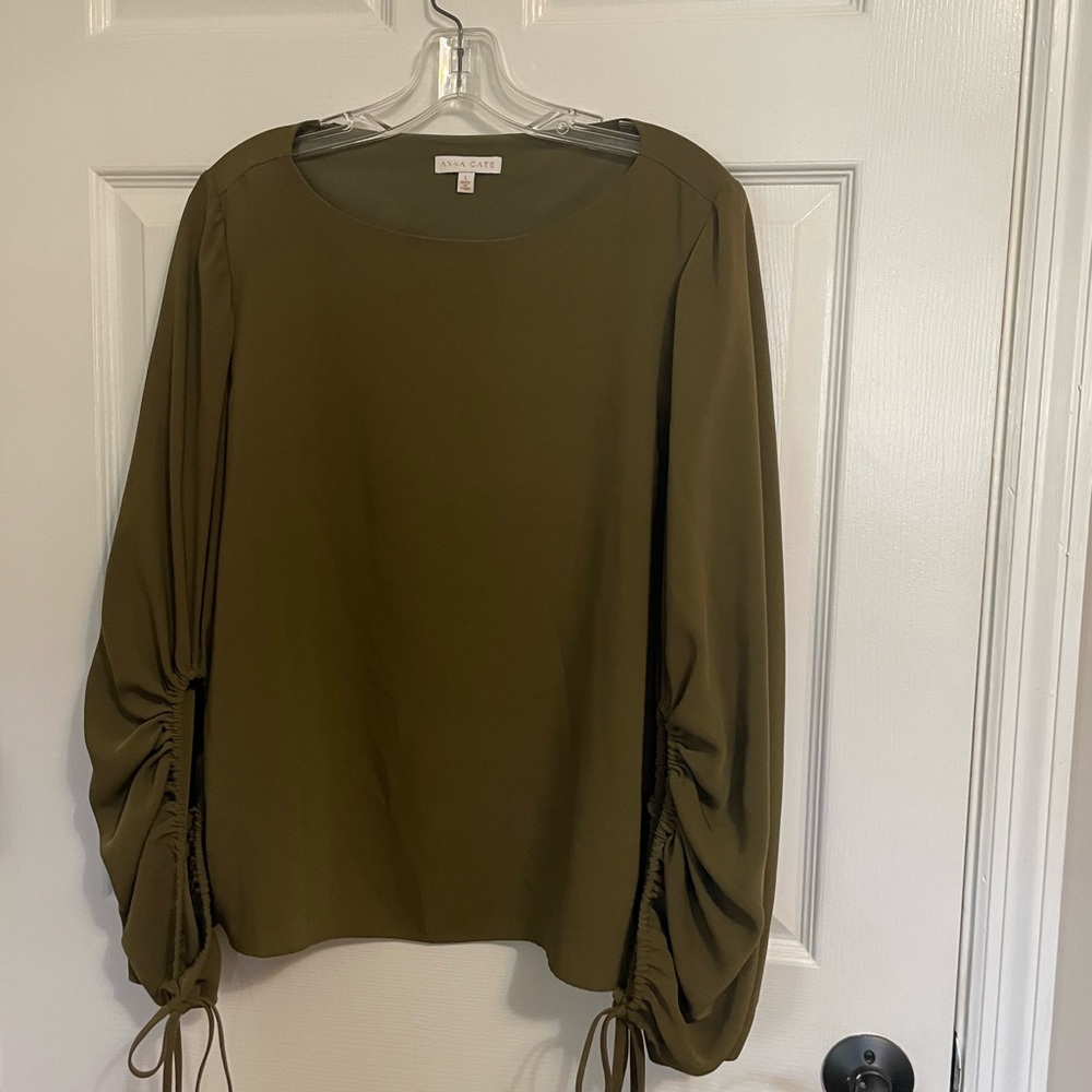 Chic Olive Green Blouse with Ruched Sleeves